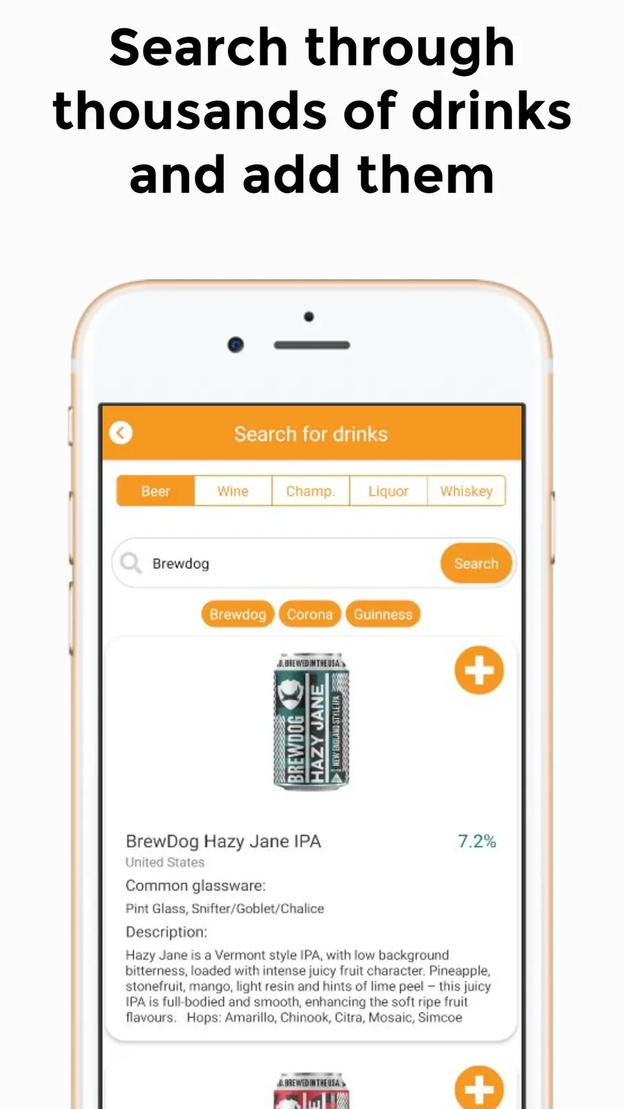 Alcofy drink search, showing categories, ABV, and glassware for each drink.