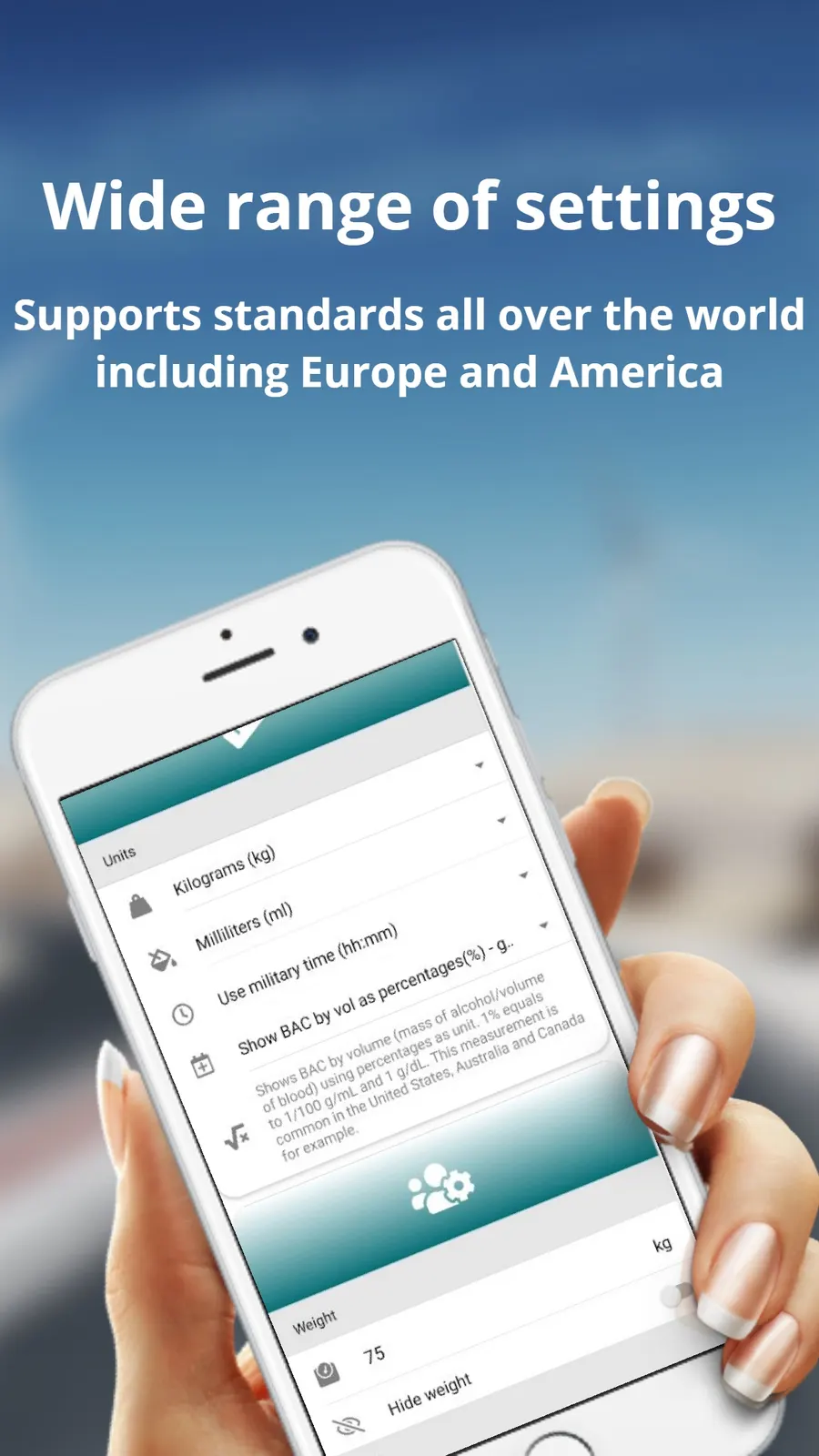Alcofy settings for units, time format, and regional measurement standards.