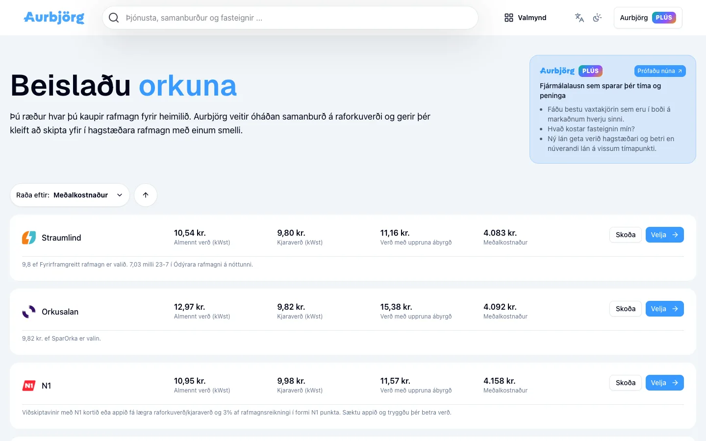 Aurbjörg electricity comparison page listing providers and household prices.