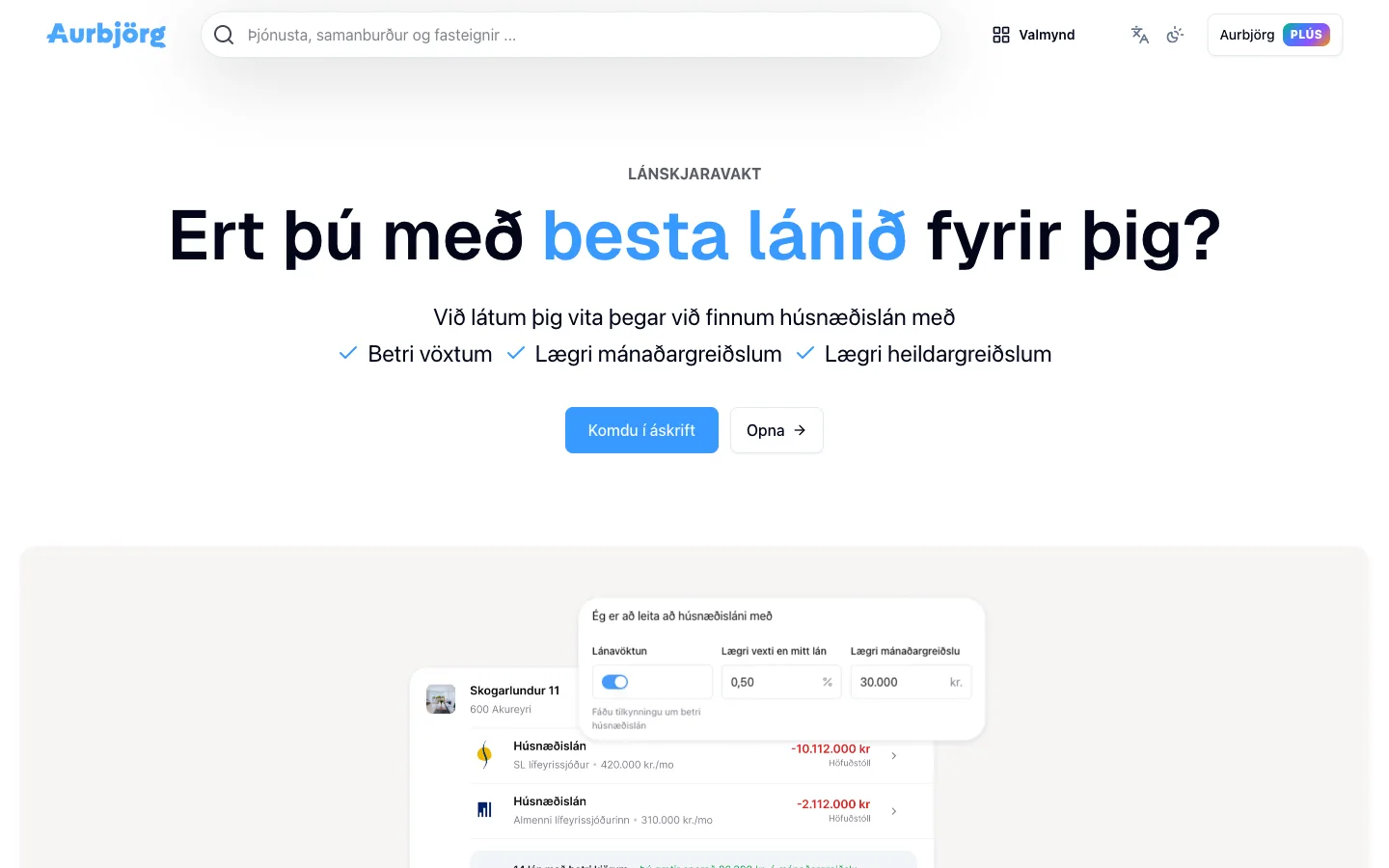 Aurbjörg loan monitoring page showing how customers can find better mortgage terms.