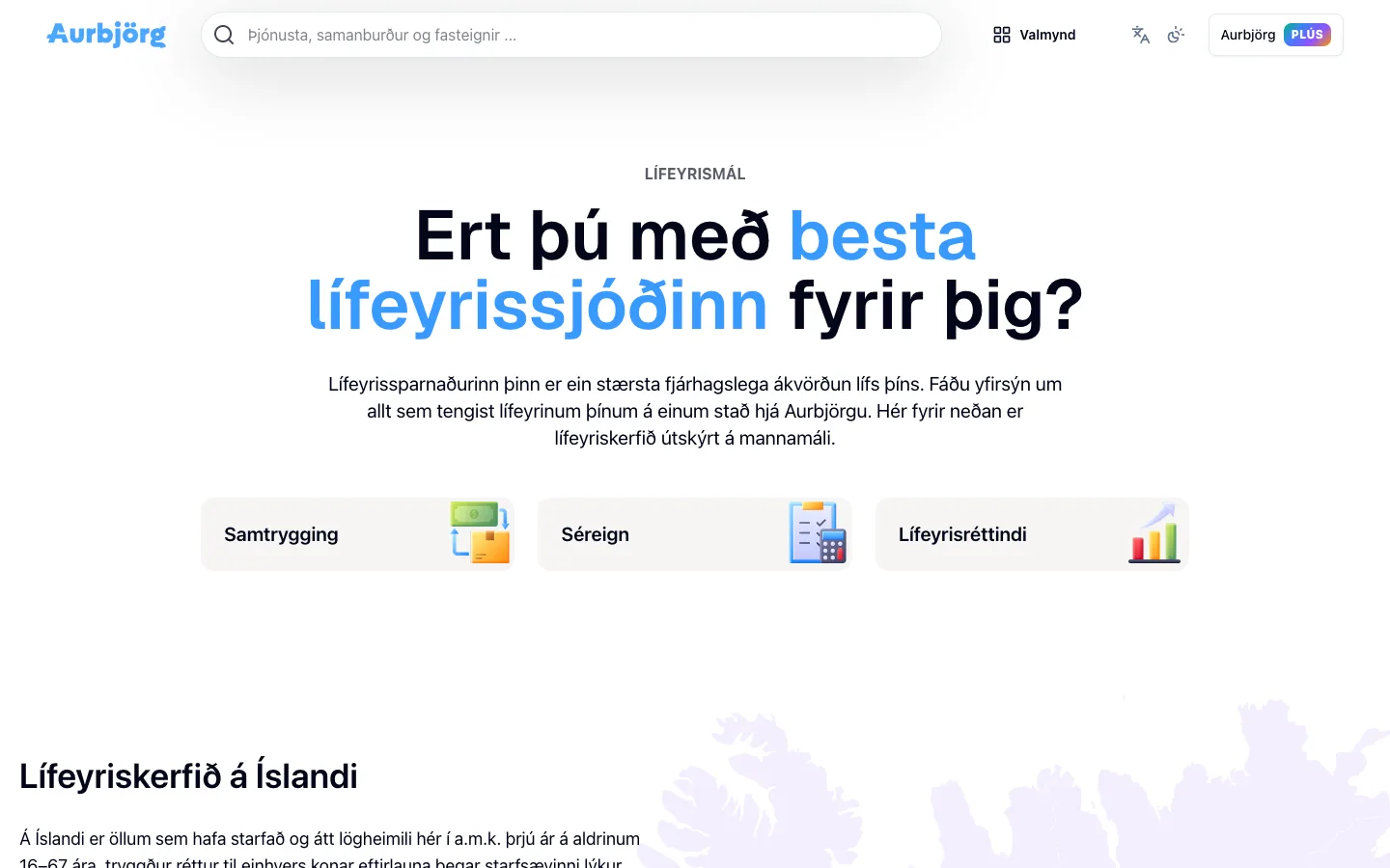 Aurbjörg pensions page explaining pension funds and retirement planning in Iceland.