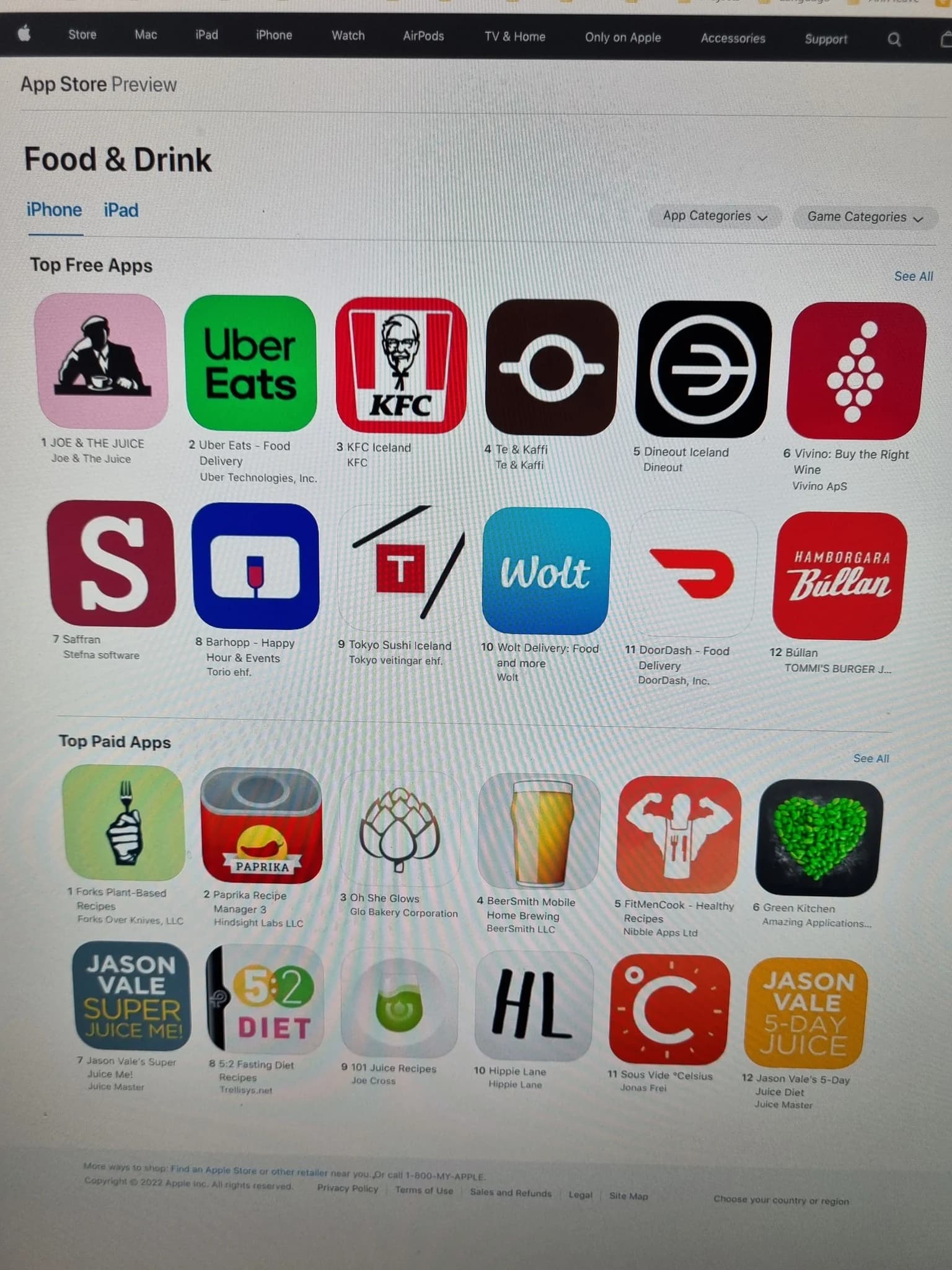 Archived App Store photo showing Barhopp in the iPhone Food & Drink Top Free Apps chart.