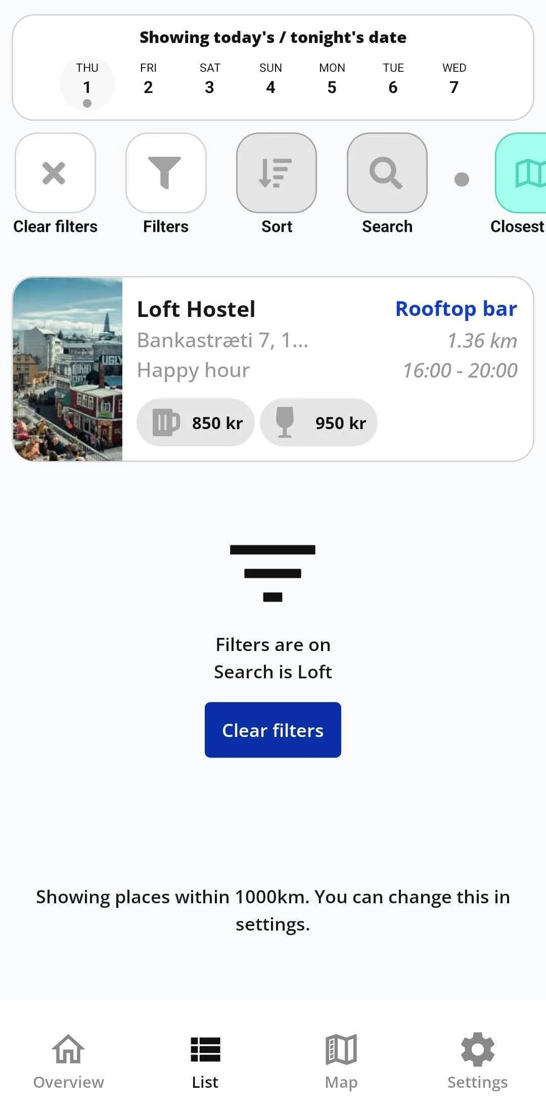 Early Barhopp search and date filters showing the Loft Hostel happy hour.