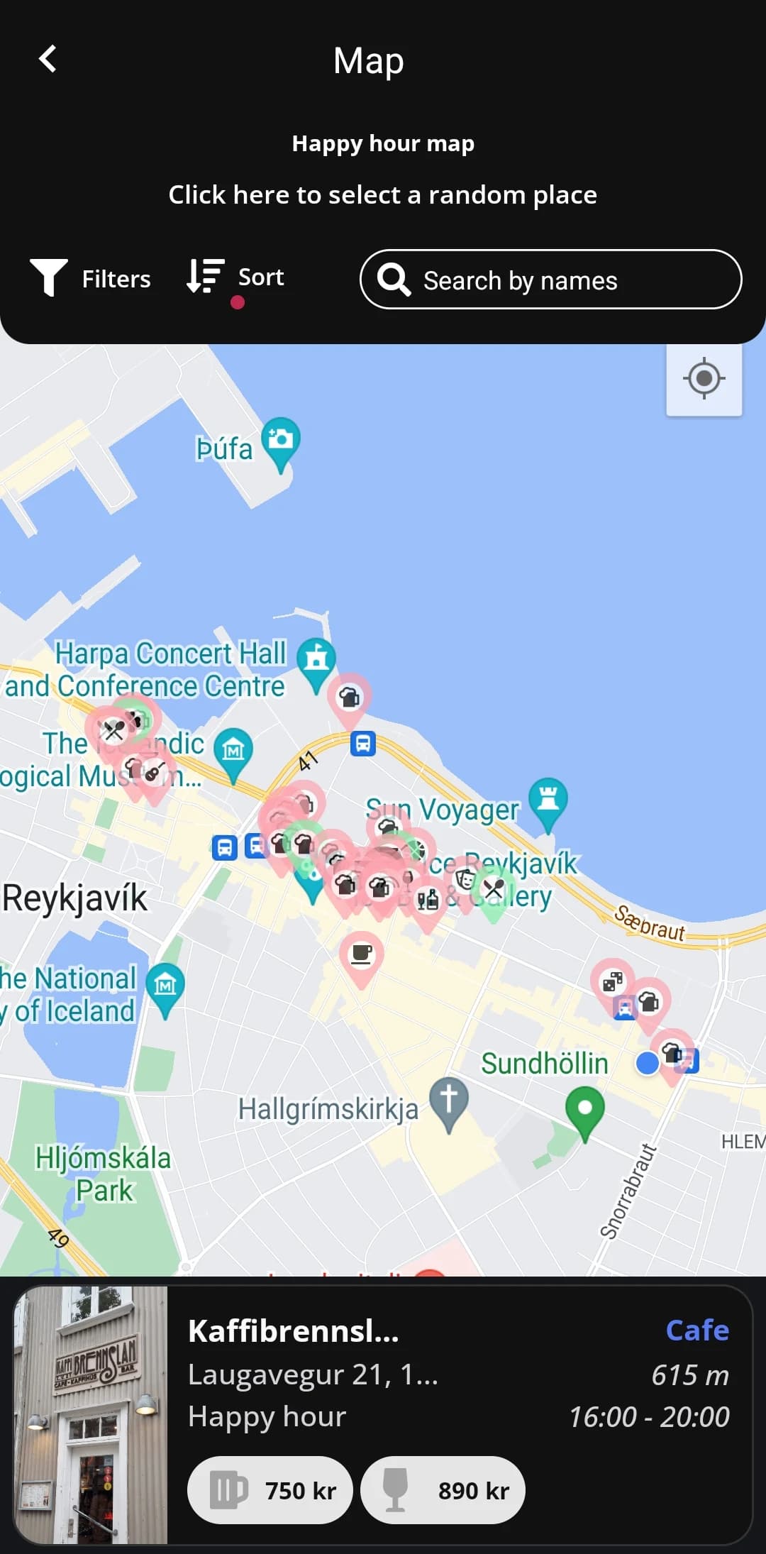 Early Barhopp map of Reykjavík with venue markers and a selected cafe.