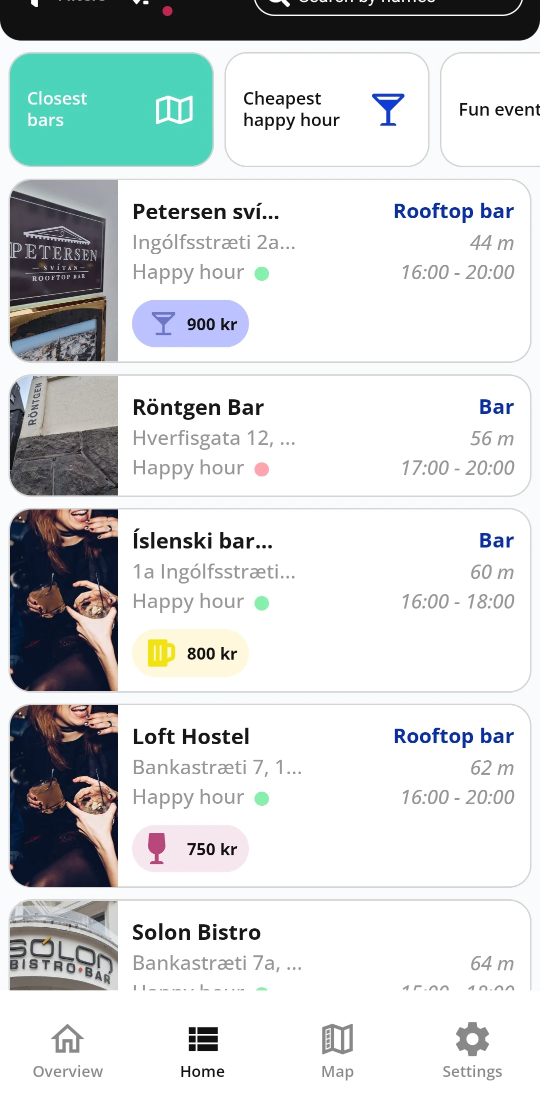 Early Barhopp venue list with nearby bars, happy-hour prices, and distance.