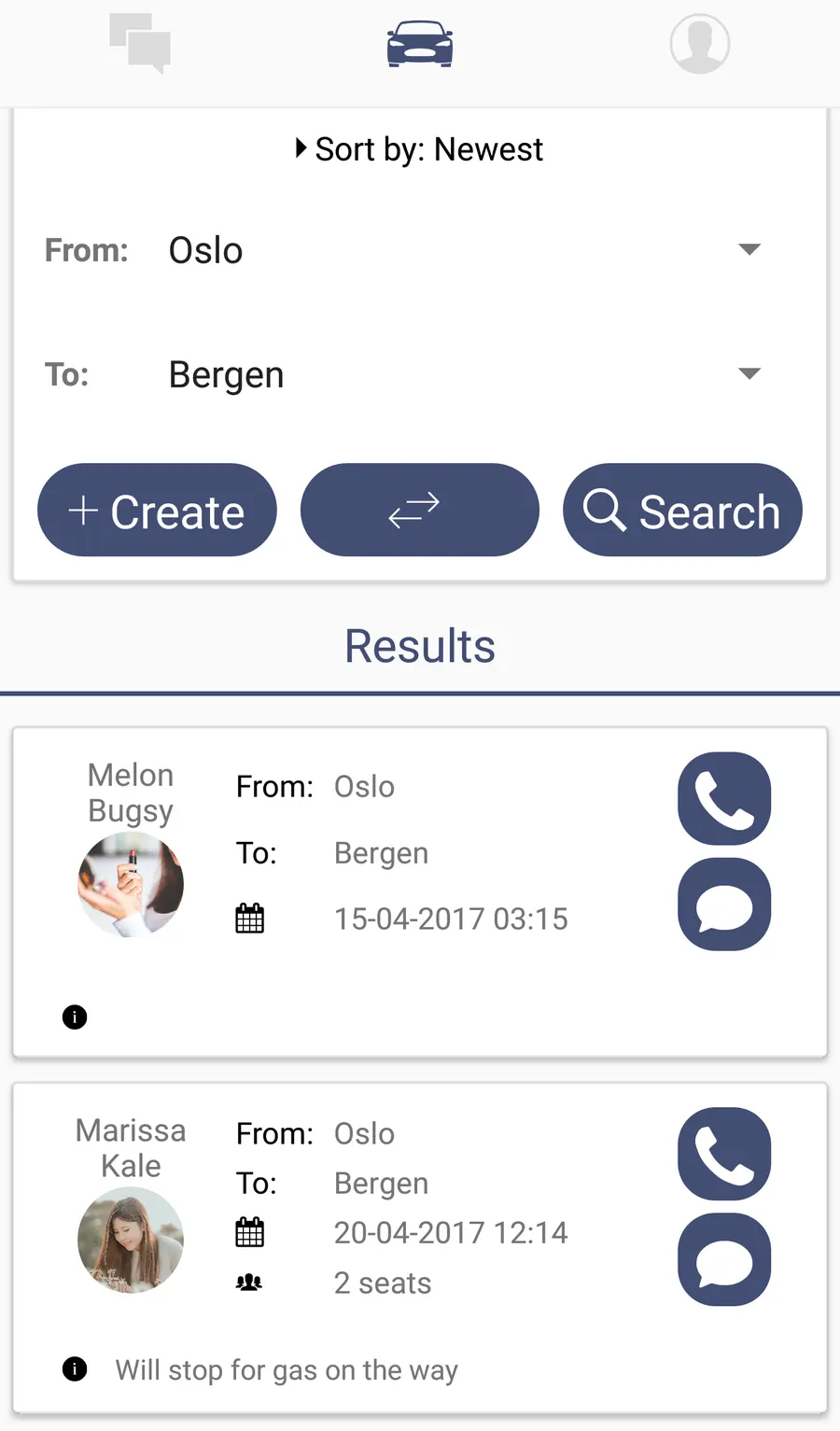 Drivelist search results for rides between cities.