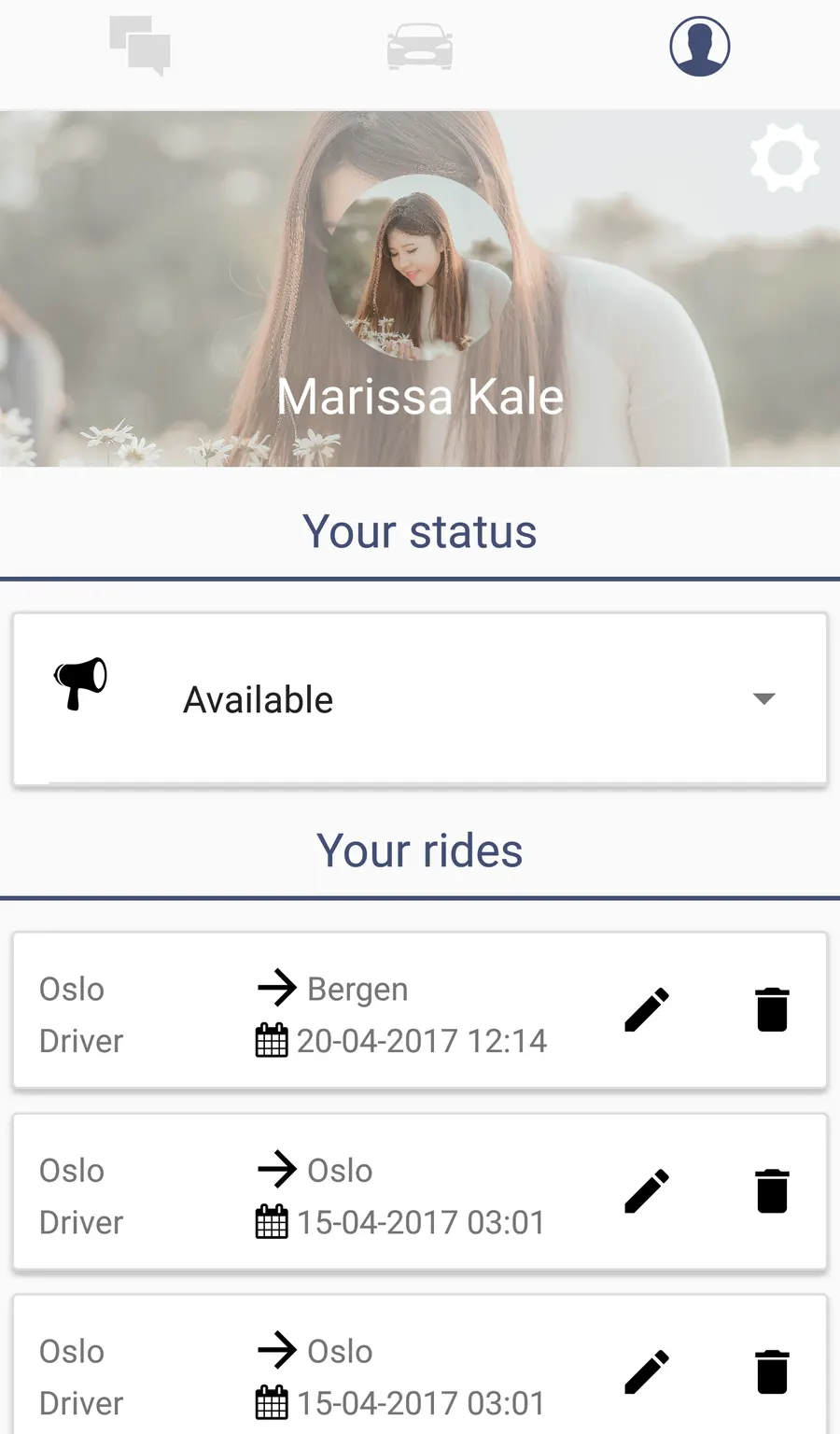 A Drivelist user profile showing status and posted rides.