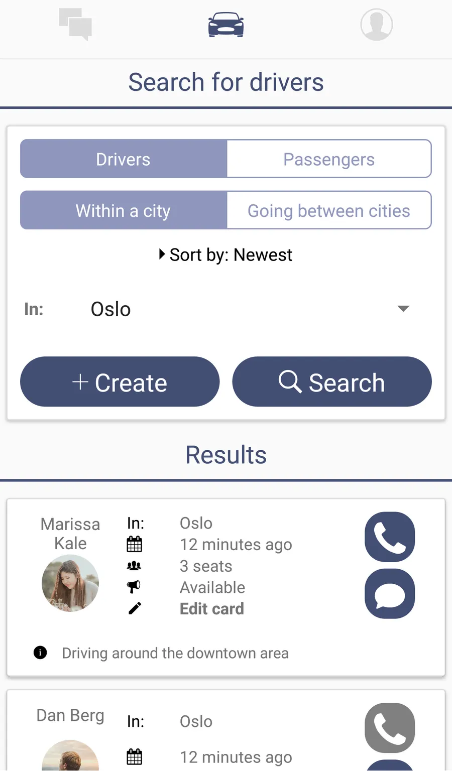 Drivelist search filters for drivers and passengers.