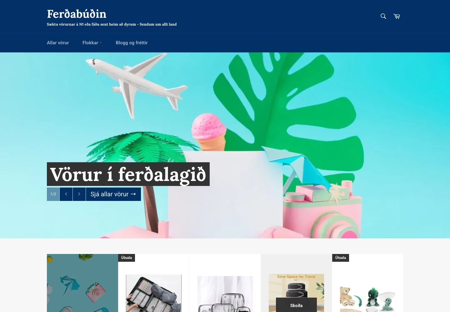 Archived 2024 Ferðabúðin homepage with the travel products hero and store navigation