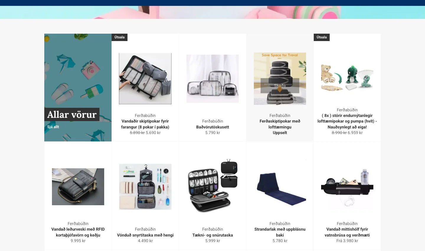 Archived 2024 Ferðabúðin storefront showing the travel product catalog and prices