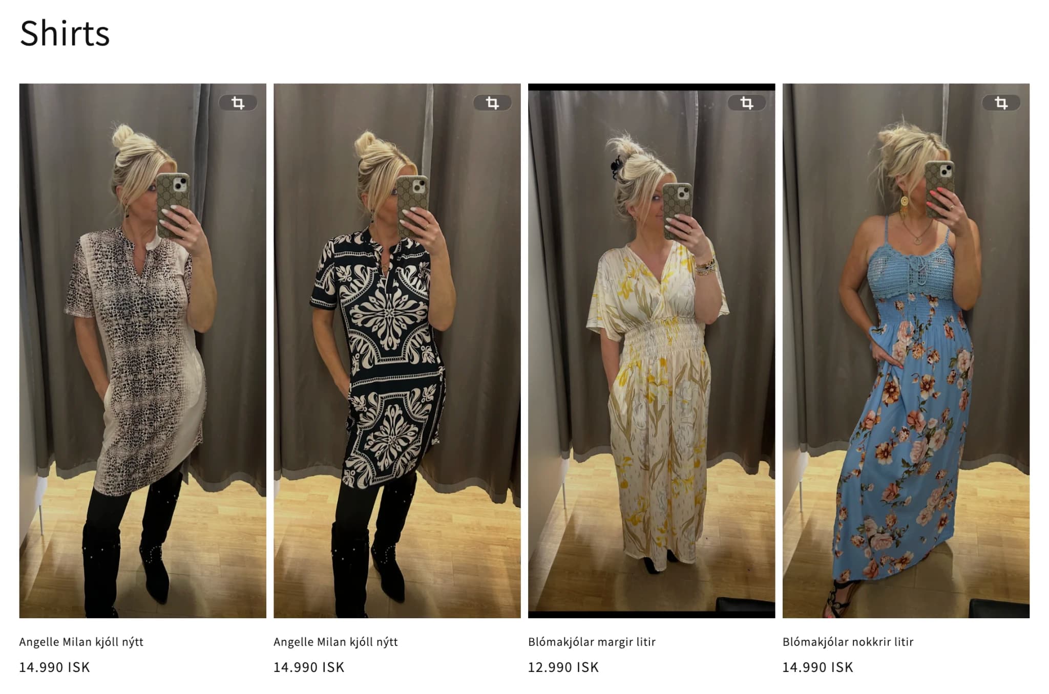 Möst C Shopify product catalog showing dresses and shirts.