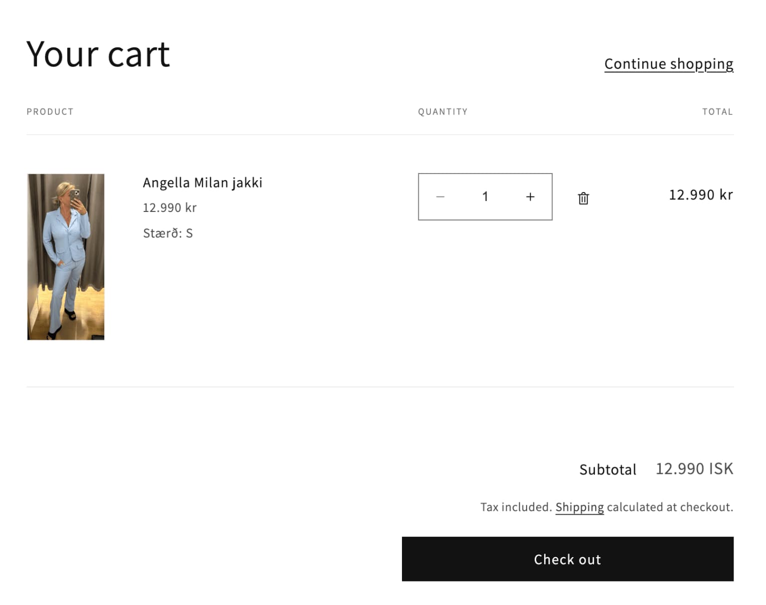 Möst C Shopify cart with product, quantity, total, and checkout.