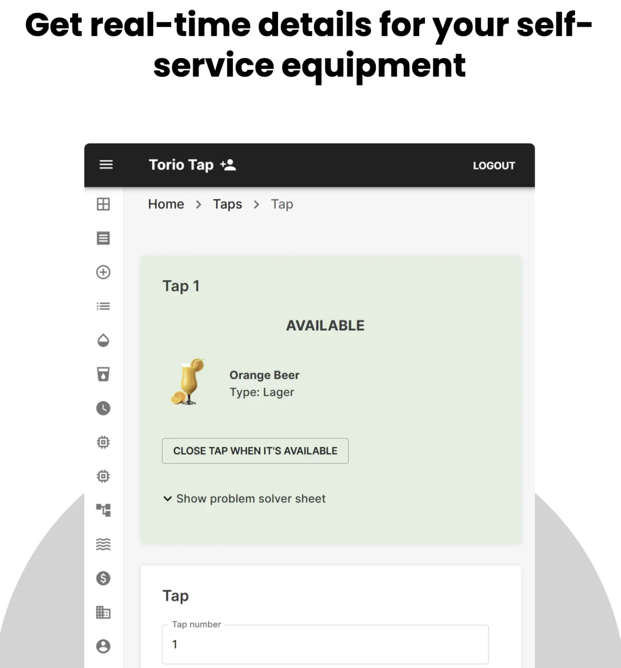 PourSelf operator dashboard showing a connected tap and drink status