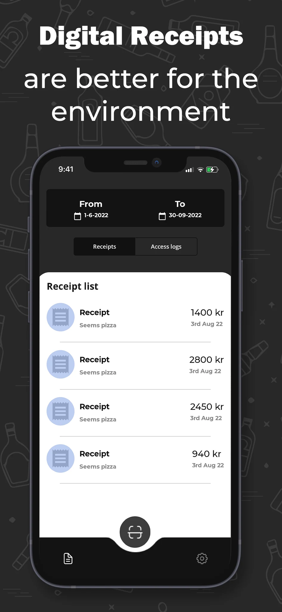 Official Torio app screenshot showing a list of digital receipts.