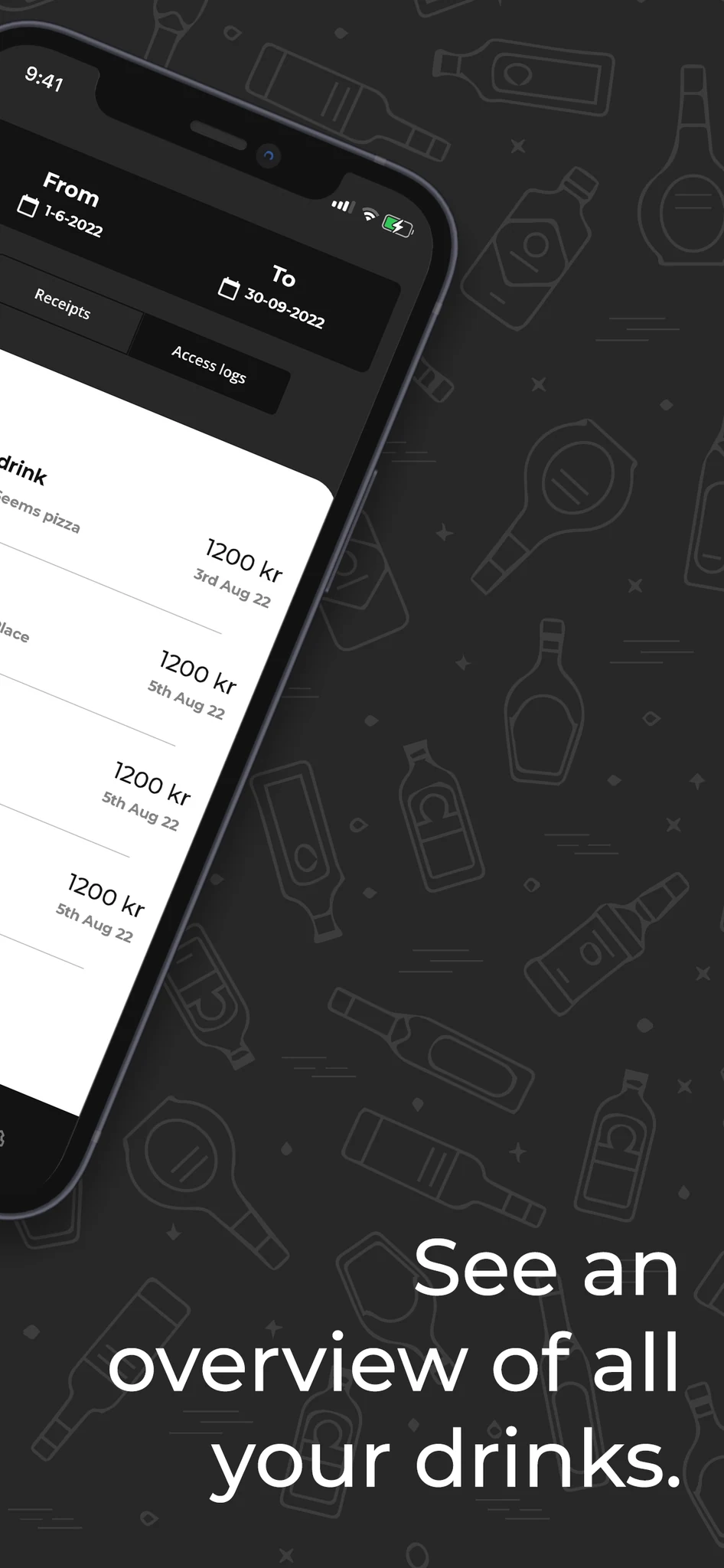 Official Torio app screenshot showing drink history with date filters and access logs.
