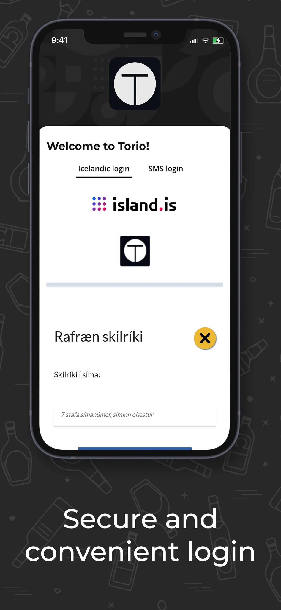 Official Torio app screenshot with Icelandic electronic ID and SMS login options.