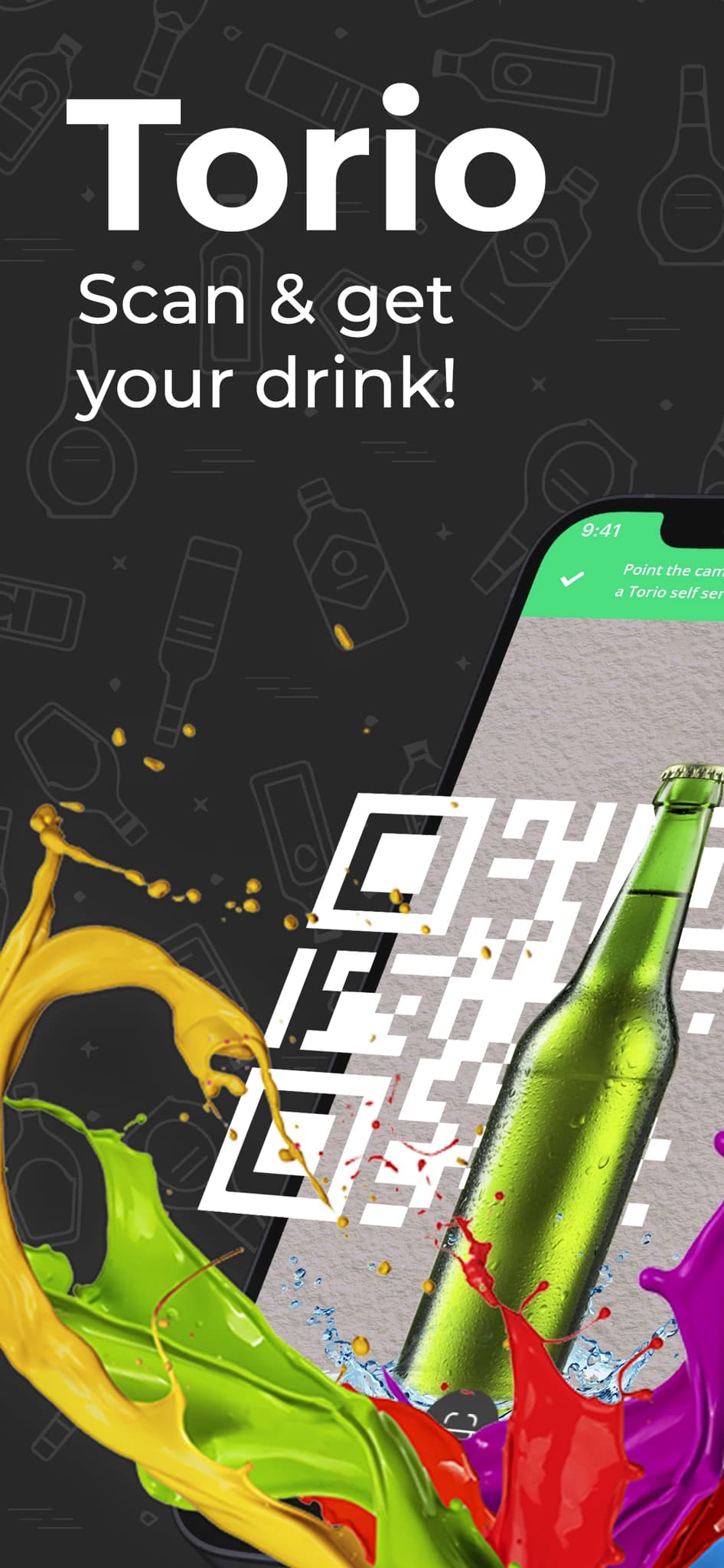 Official Torio app artwork introducing QR scanning to access the drink dispenser.