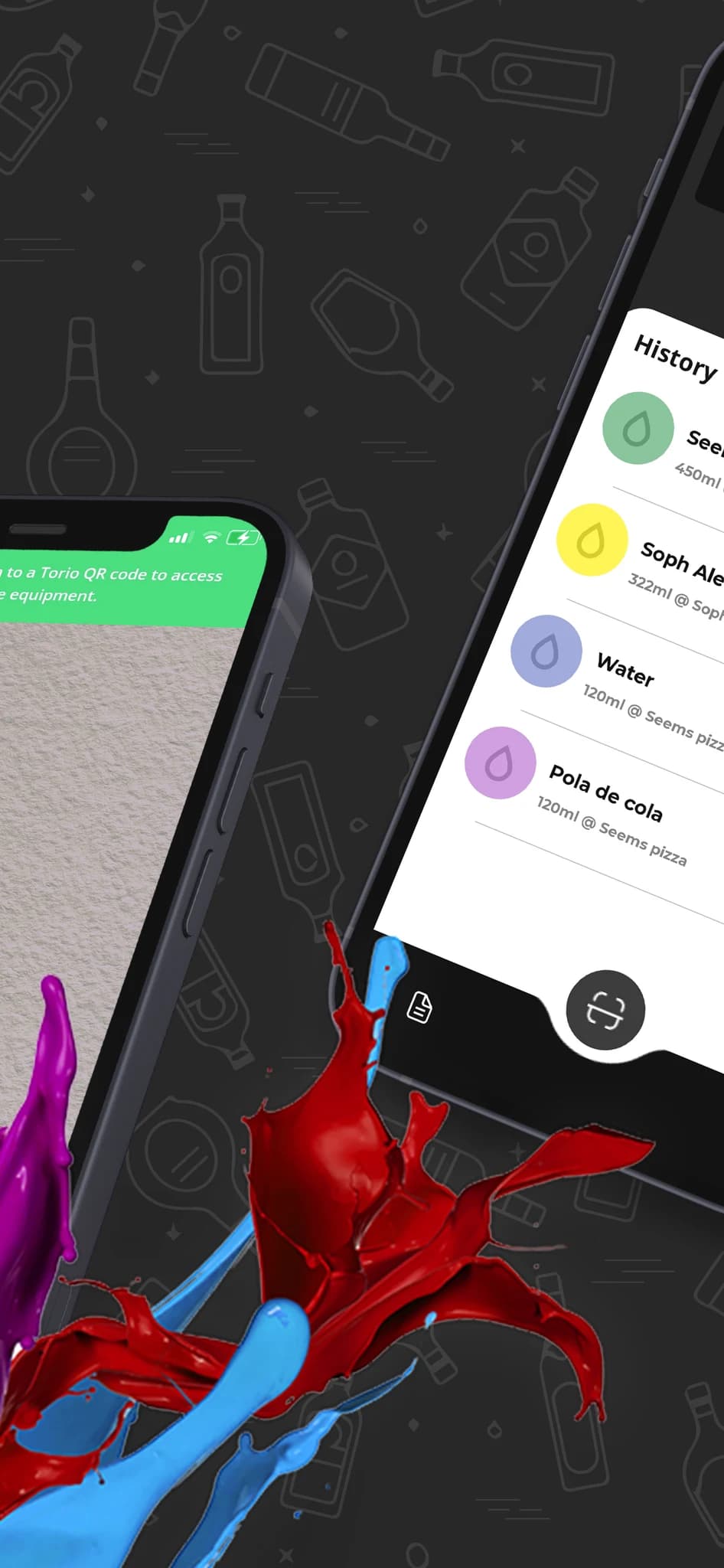 Official Torio app artwork showing the QR scanner and drink history.