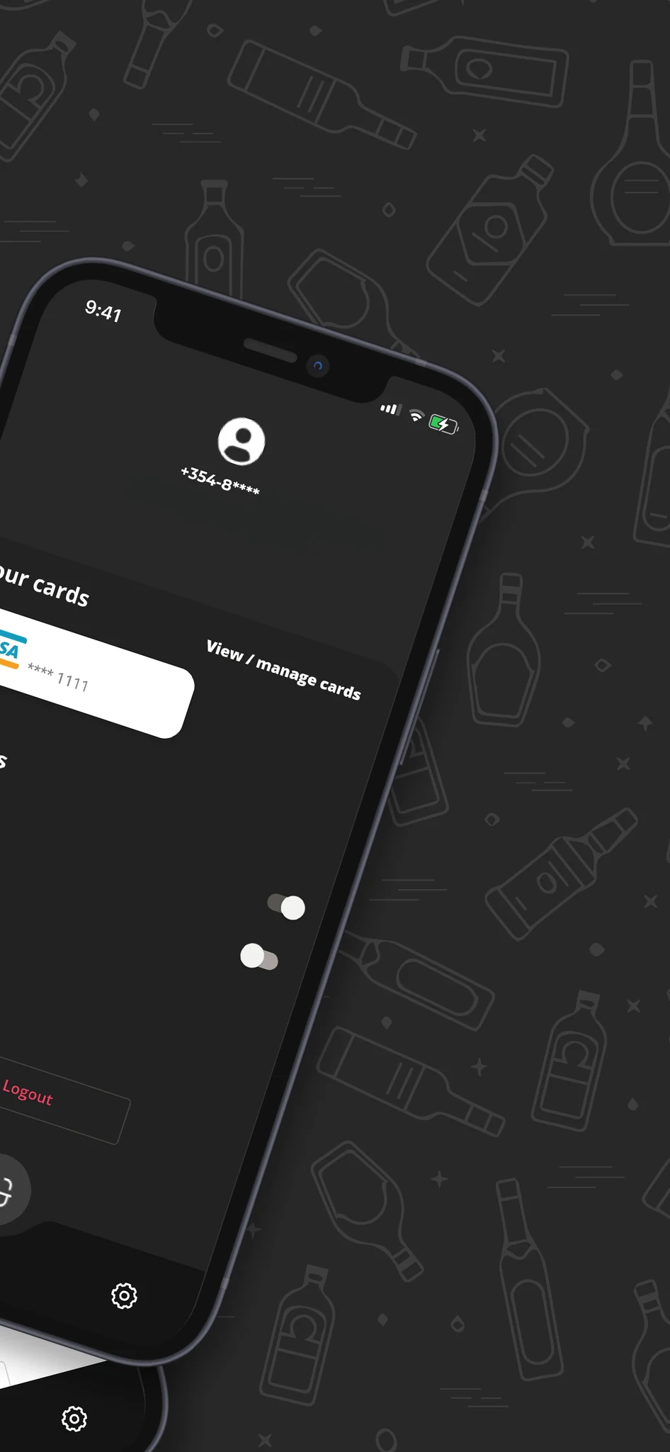 Official Torio app screenshot showing dark-mode settings and a saved card with masked details.