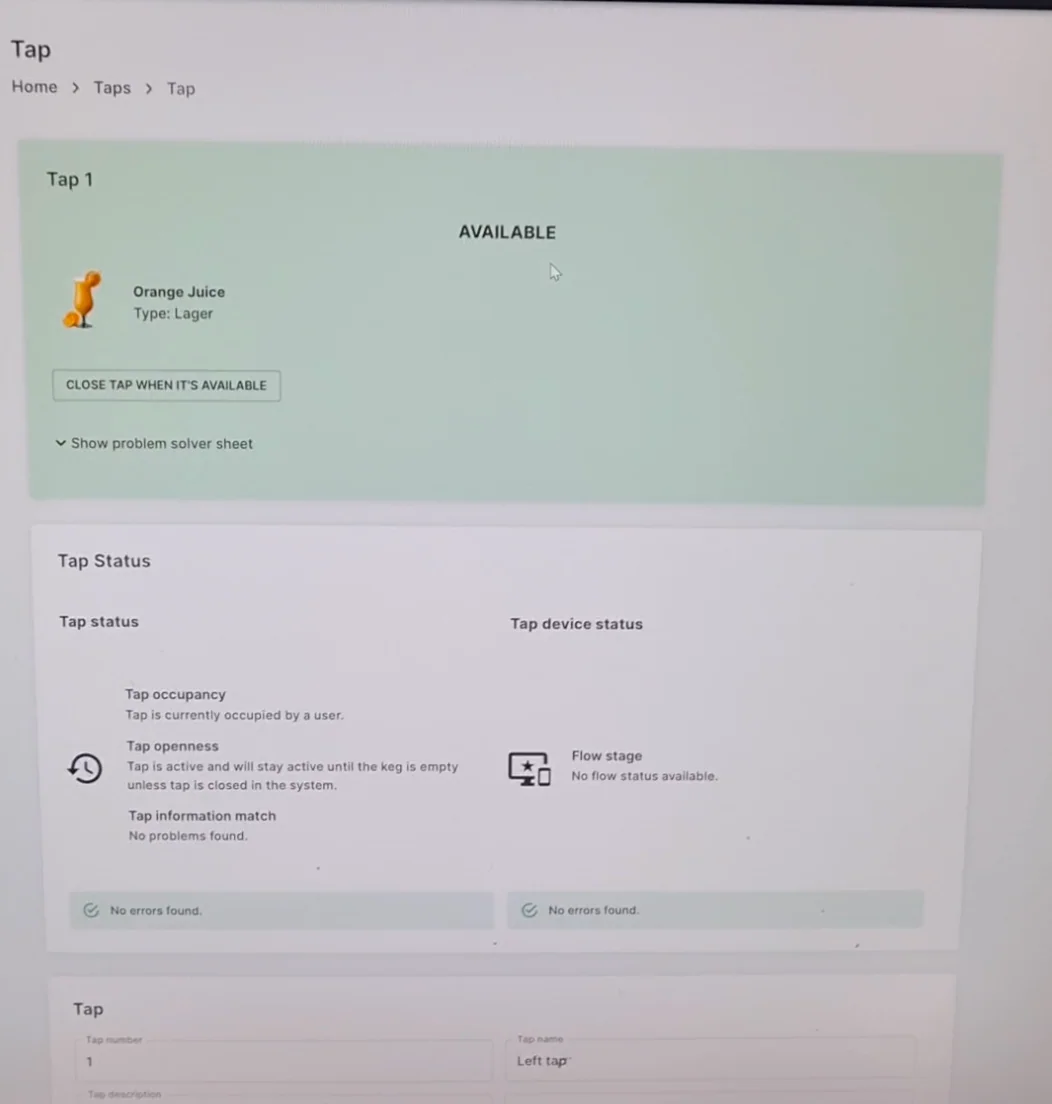 Development admin showing an available tap and device diagnostic checks.