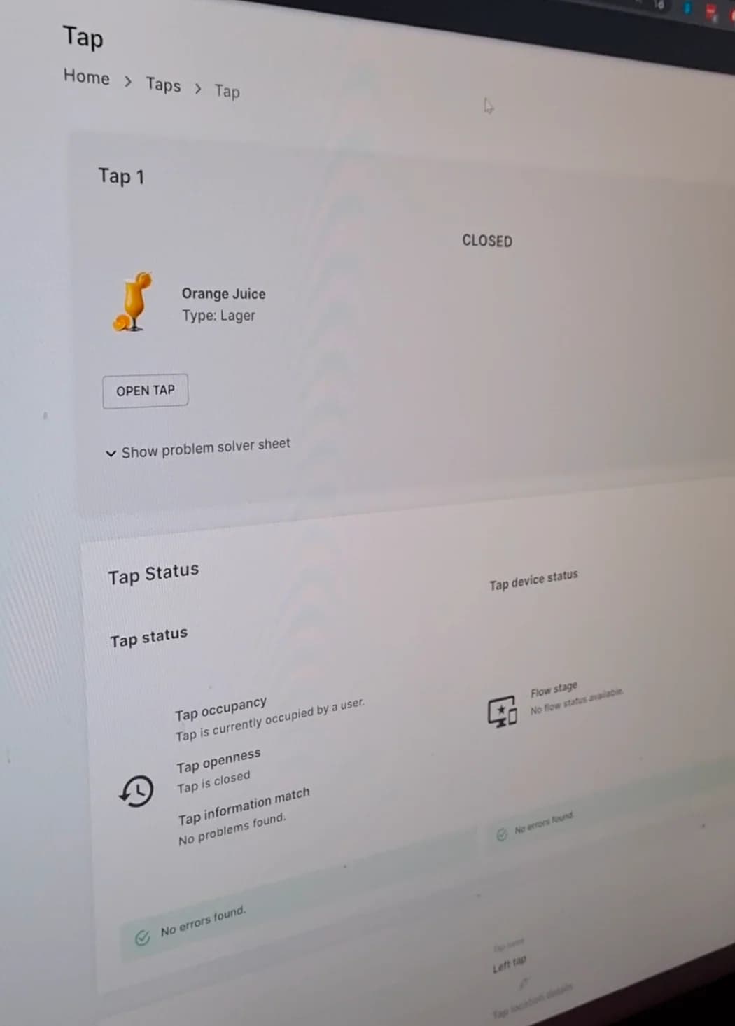 Development admin showing a closed tap and the open-tap control.