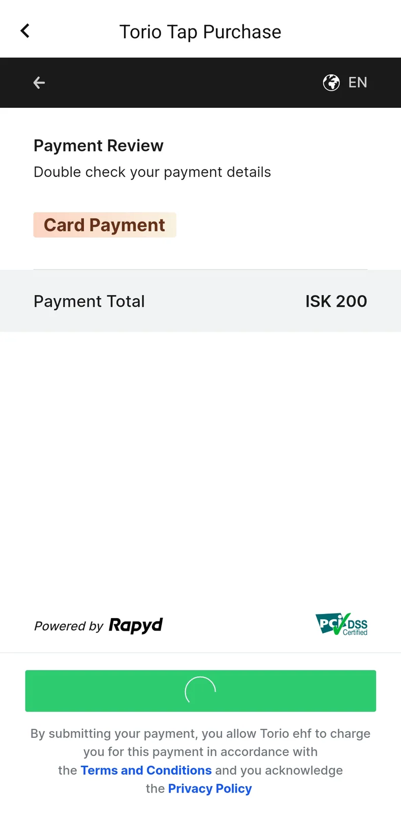 The app payment review screen showing a card payment total.