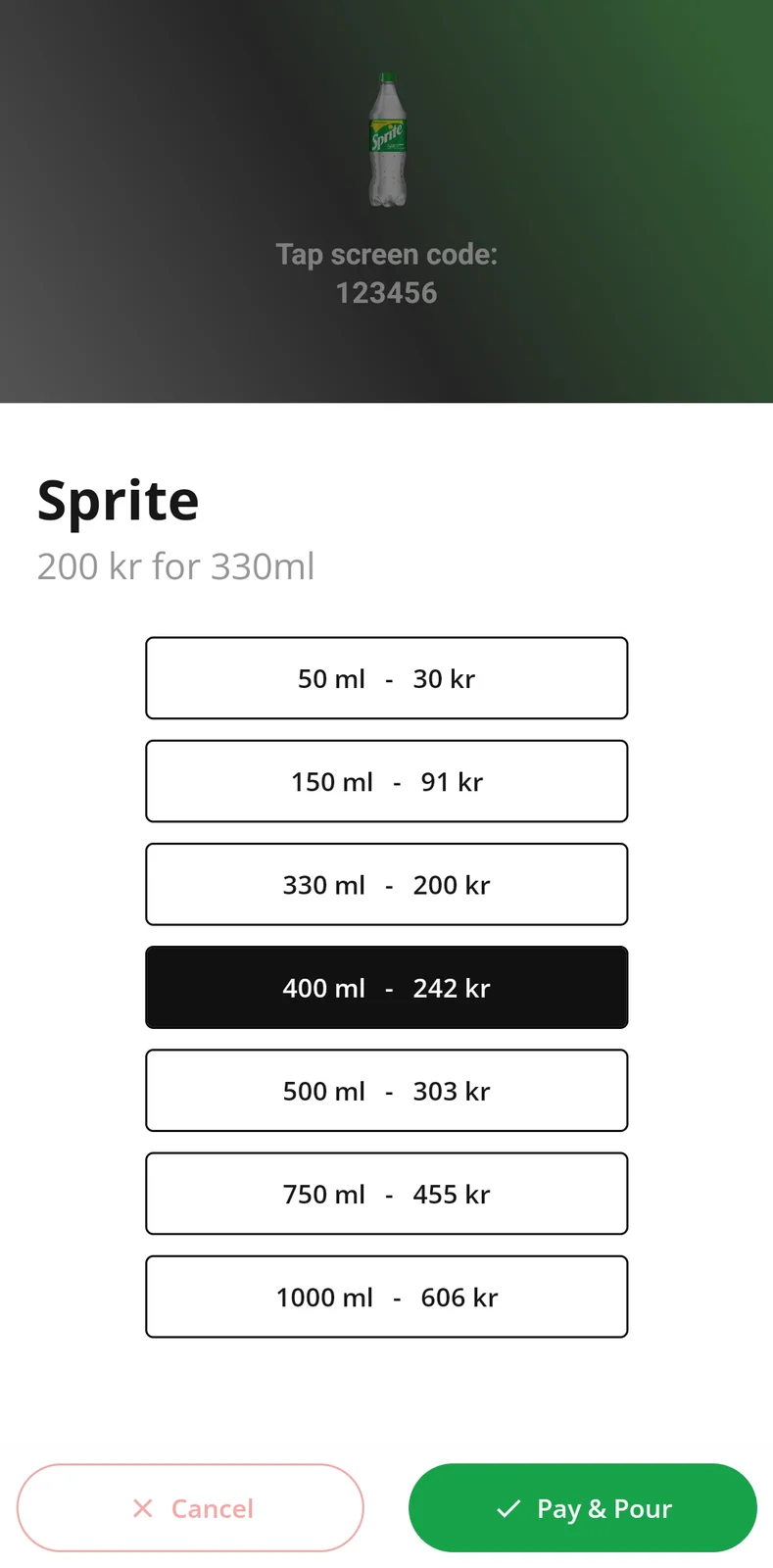 The app showing drink sizes, prices, and a pay-and-pour button.