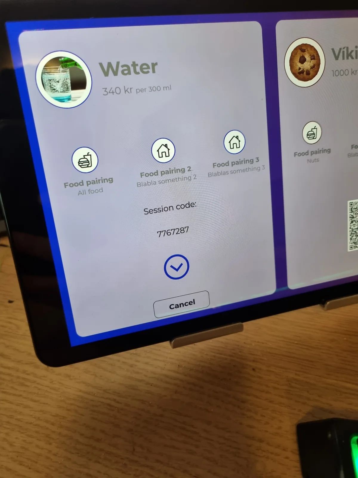 The machine tablet displaying development drink cards and a test session.