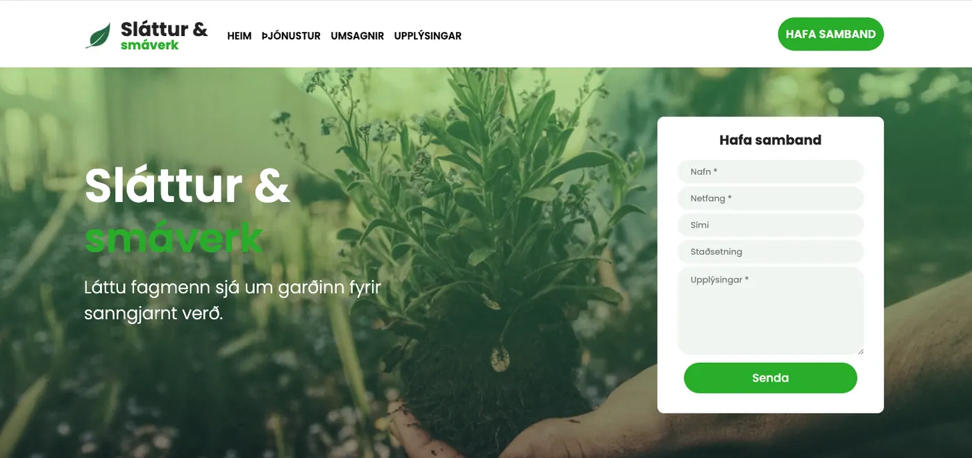 The Sláttur & Smáverk homepage with its quote request form.