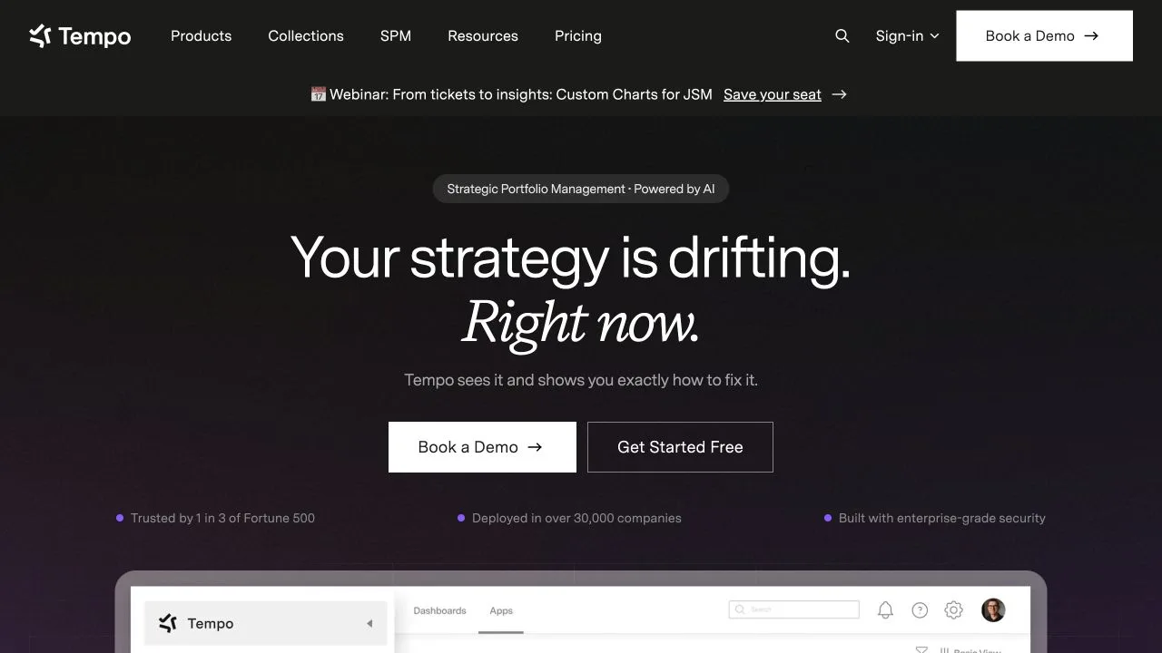 Tempo website overview for its current strategic portfolio management platform.