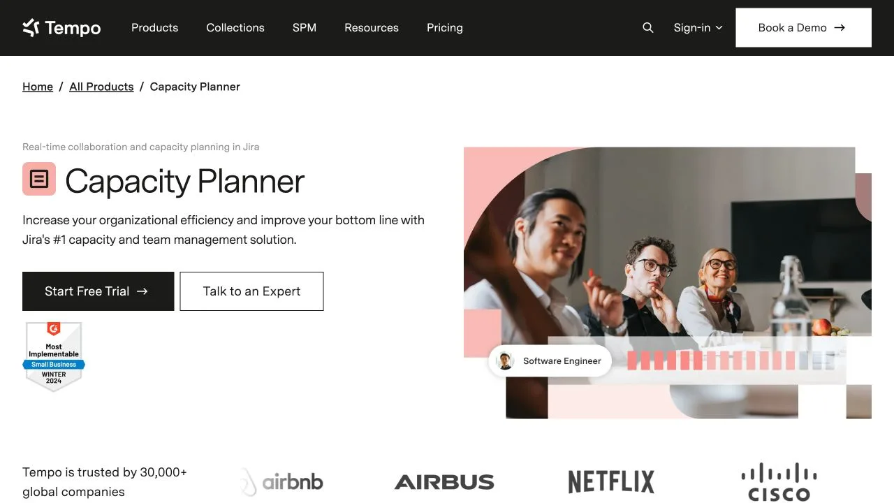 Tempo Capacity Planner website for planning team capacity in Jira.