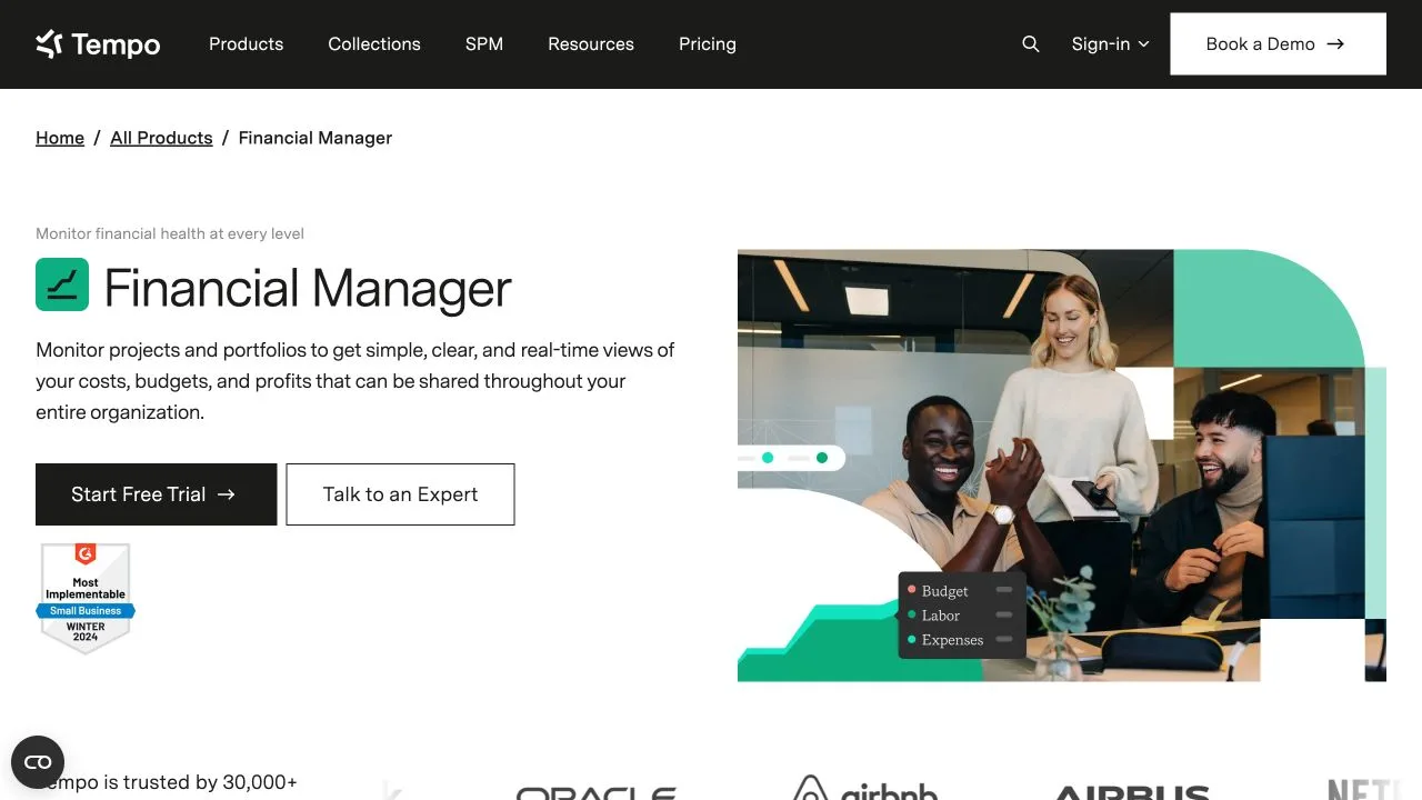Tempo Financial Manager website for monitoring project costs and budgets in Jira.
