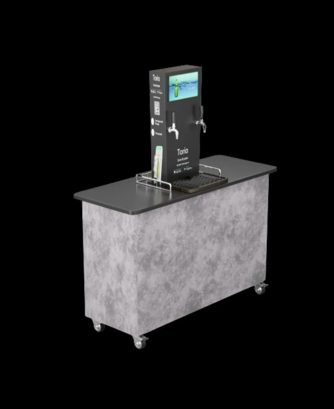Product render of the Torio self-service dispenser on a counter.